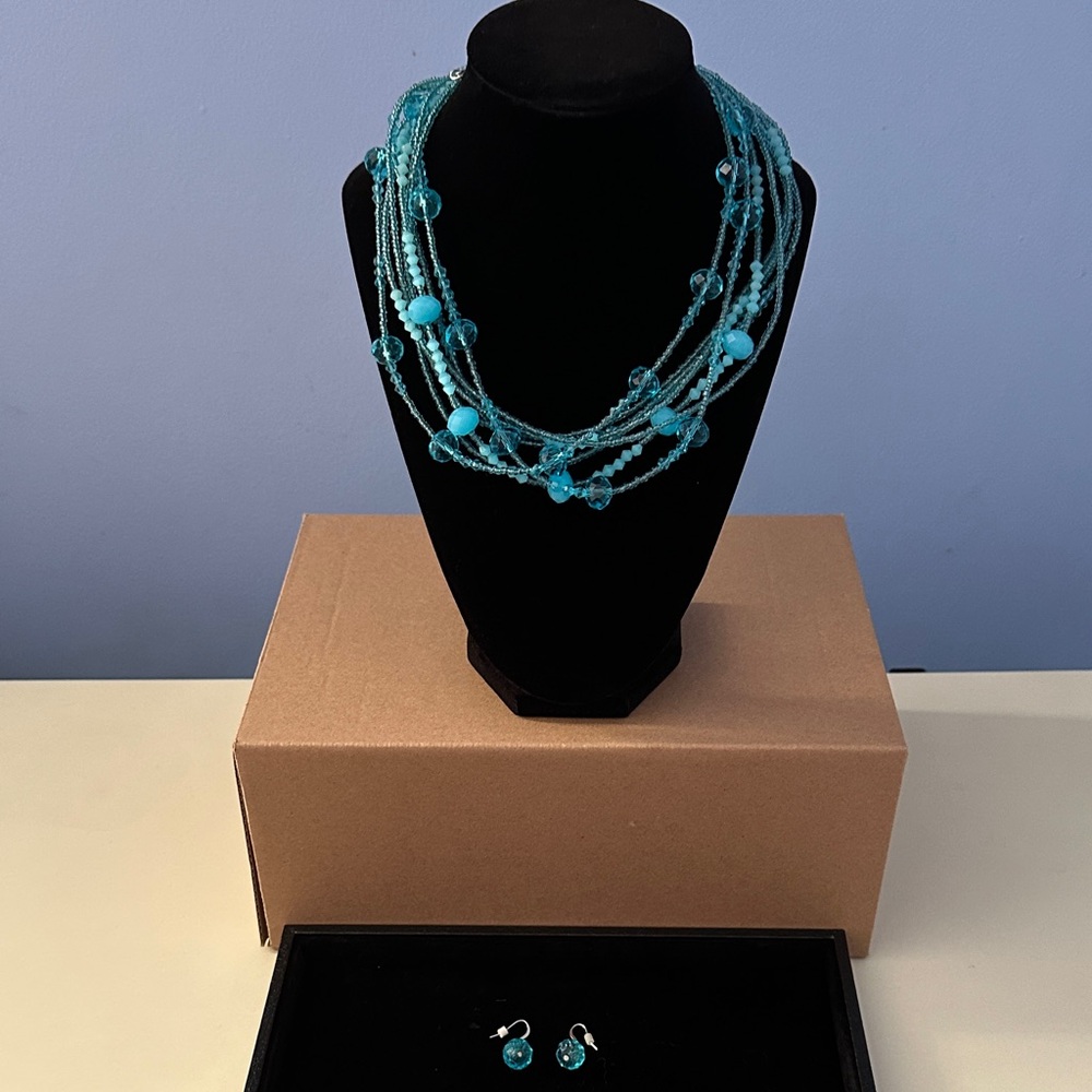 Elegant Blue Beaded Necklace and Earring Set